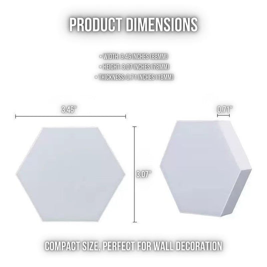 RGB Hexagon LED Wall Panels shown from front and side angles, measuring 3.46" wide, 3.07" tall, and 0.71" thick. Compact size makes them ideal for wall decoration or gaming room lighting setups.
