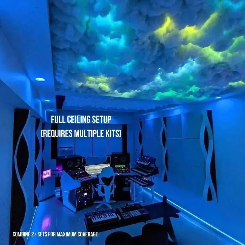 Blue-green glowing cloud ceiling light panels for full ceiling coverage