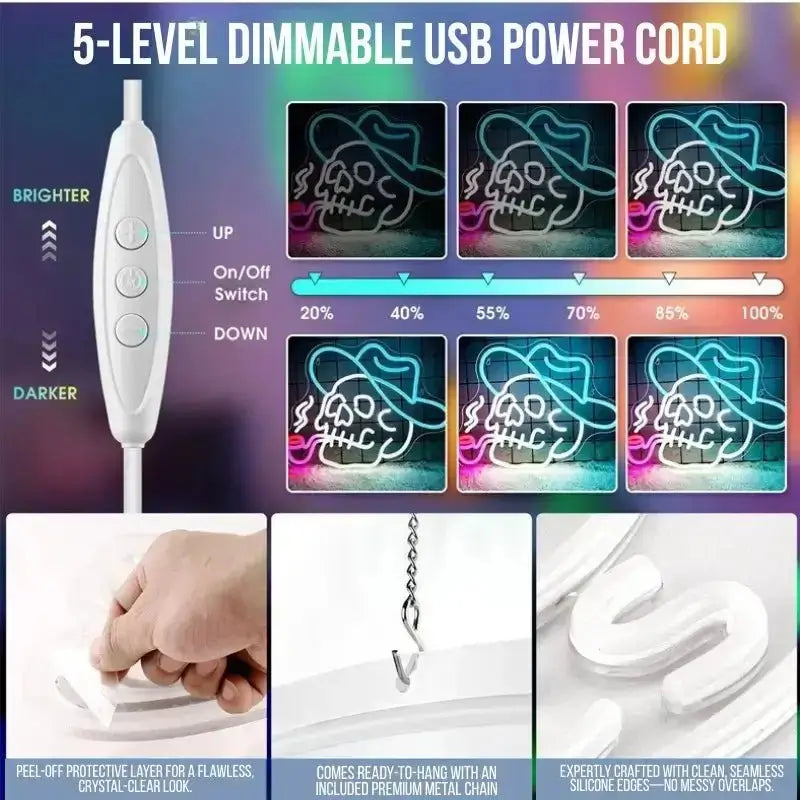 Neon light USB dimmer cord with button switches and brightness level indicator
