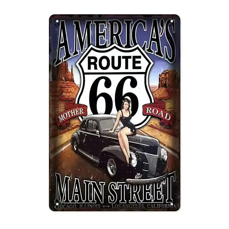 Route 66 metal sign with 'America's Route 66' and car at Main Street text