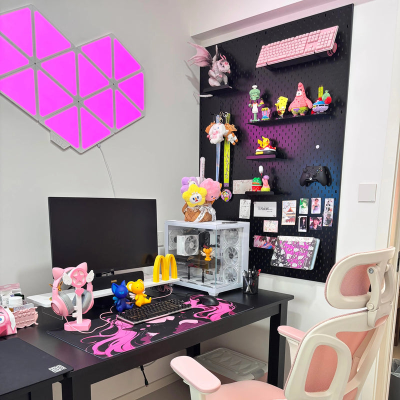 Gaming pegboard storage display with black grid shelves and colorful accessories