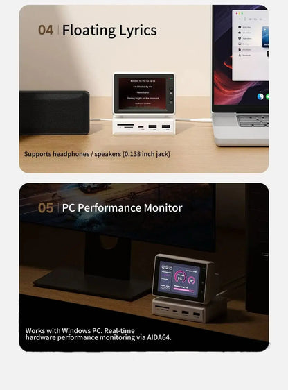 3.5-inch IPS secondary monitor dock displaying PC performance graphics