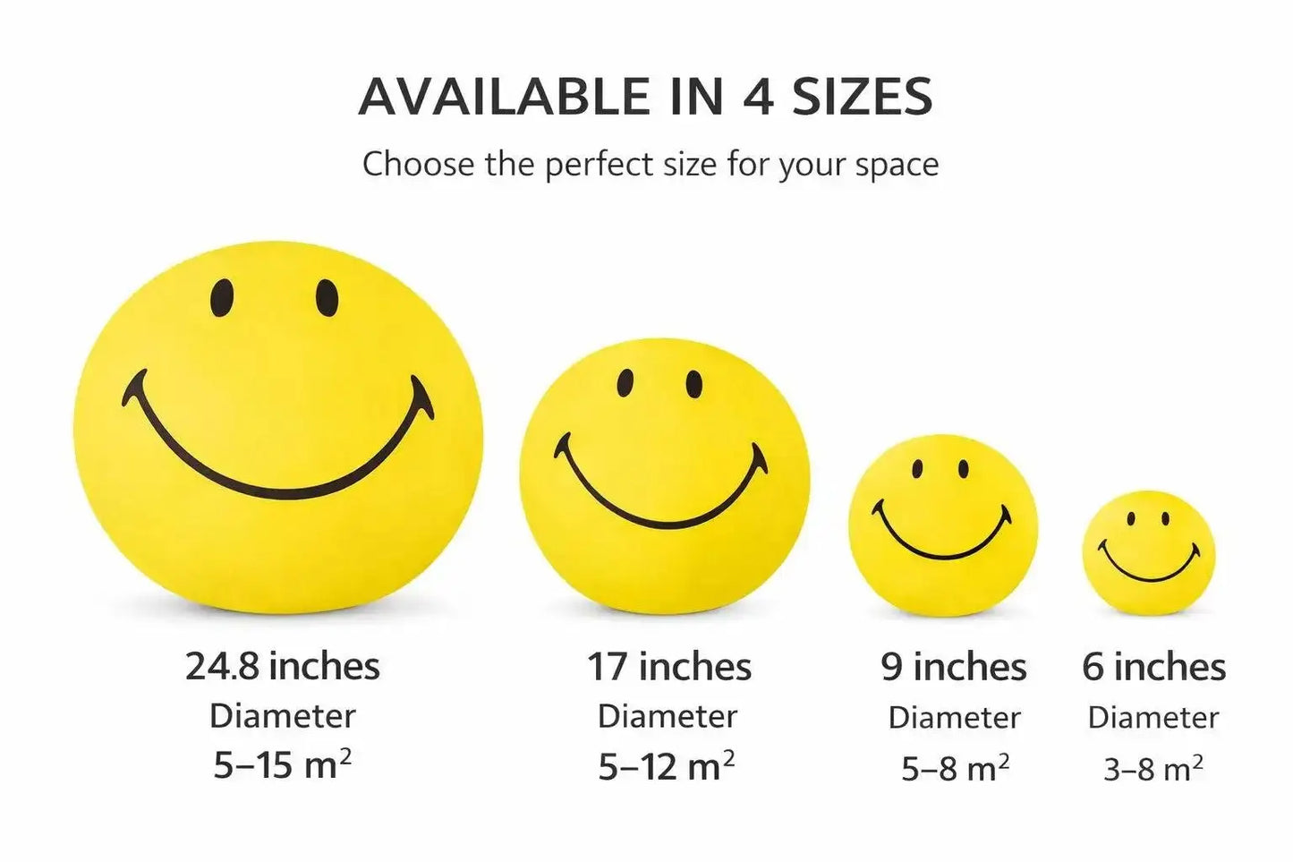 Smiley face LED lamp available in four round yellow sizes with black facial features