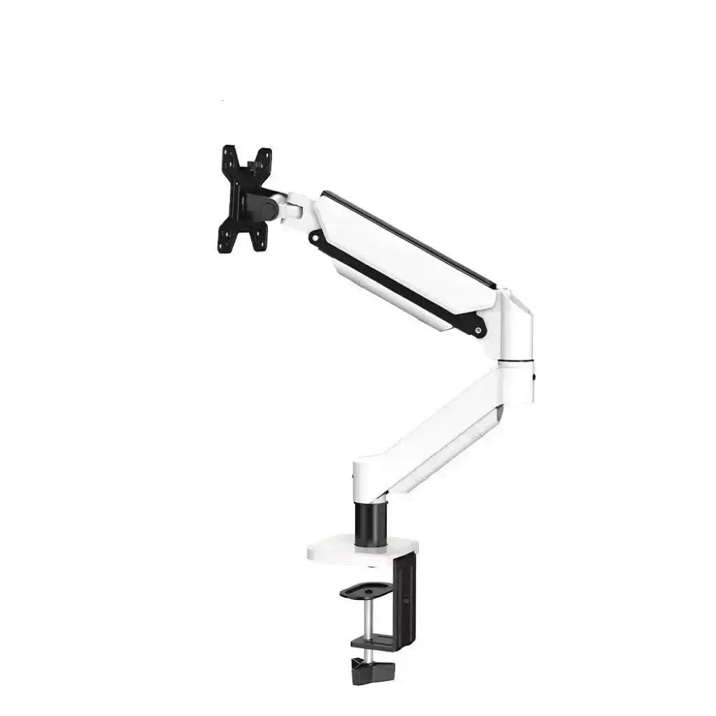 White single monitor arm with desk mount and VESA plate