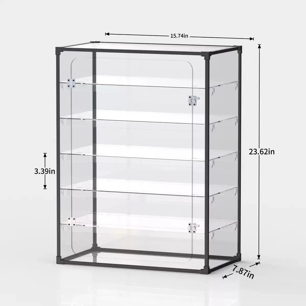 Tall acrylic keyboard display case with black frame, clear panels and three interior shelves