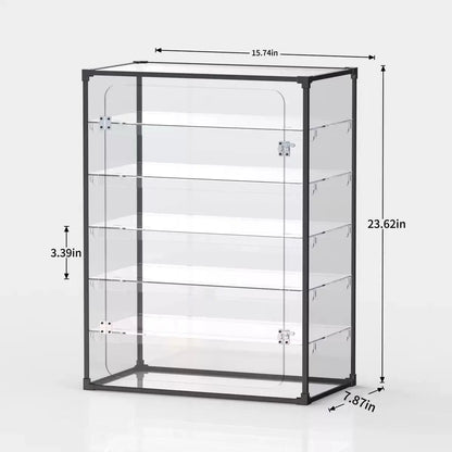 Tall acrylic keyboard display case with black frame, clear panels and three interior shelves