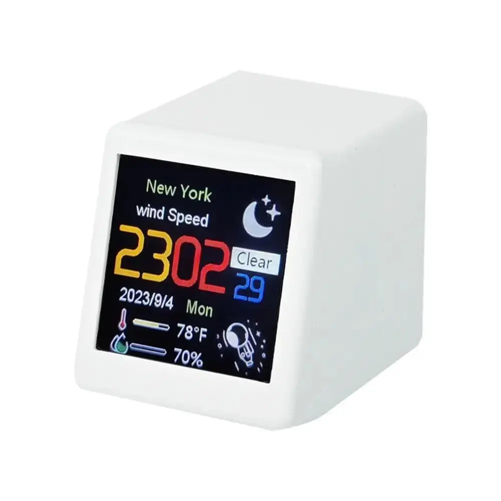 Mini smart weather station with white housing and digital display showing wind speed and temperature