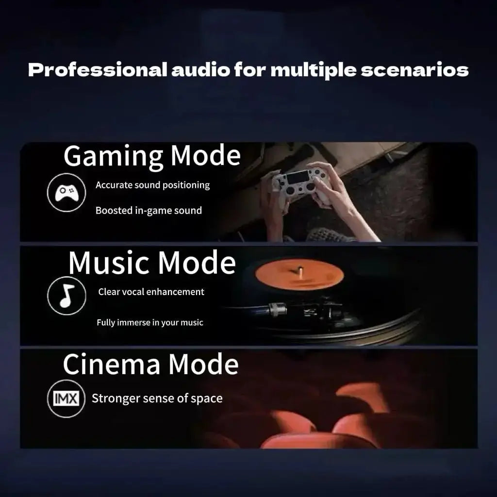 RGB soundbar partially visible below a mode panel, with twin glowing speakers