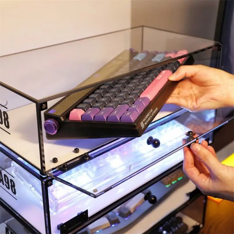 Stackable keyboard organizer stand holding a keyboard on the top shelf, clear lid