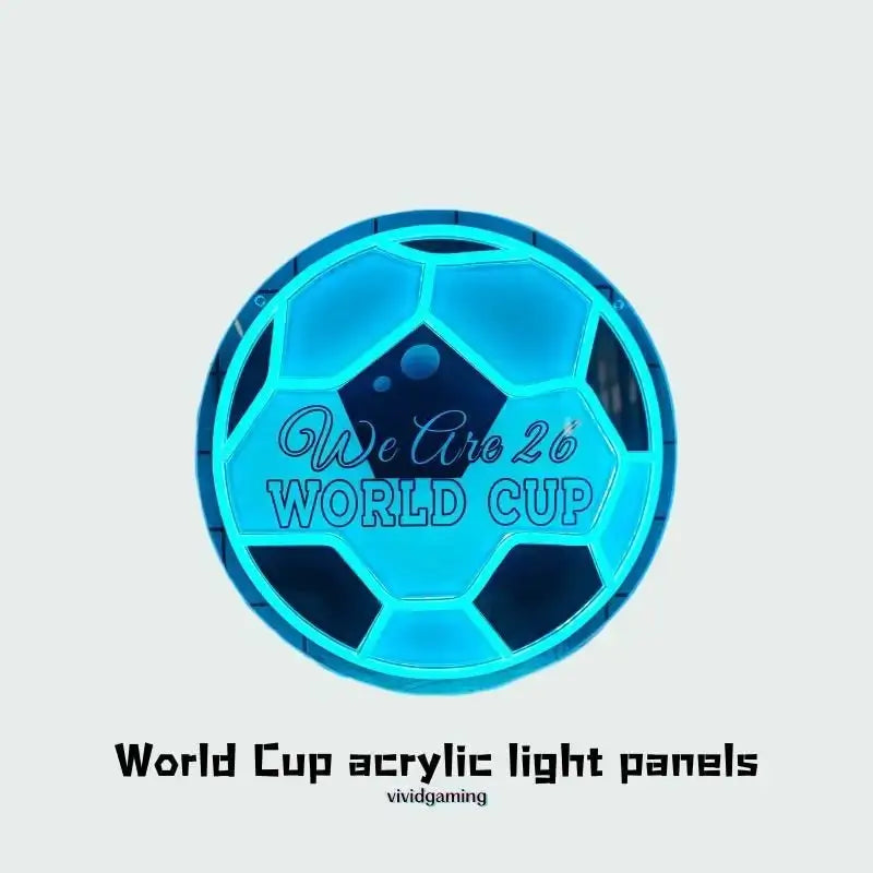 Neon soccer ball World Cup sign in blue with “We Are 26 World Cup” text