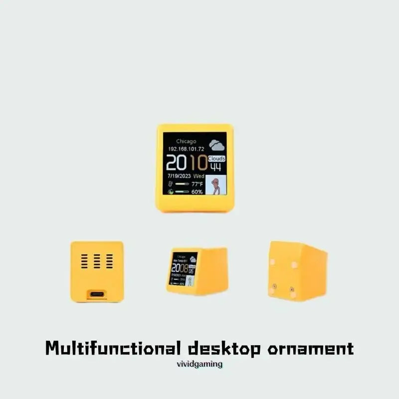 Mini smart weather station in yellow, shown from front, back vents, and side angles
