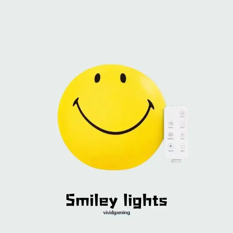 Close-up yellow smiley face LED lamp with black eyes, smile, and remote