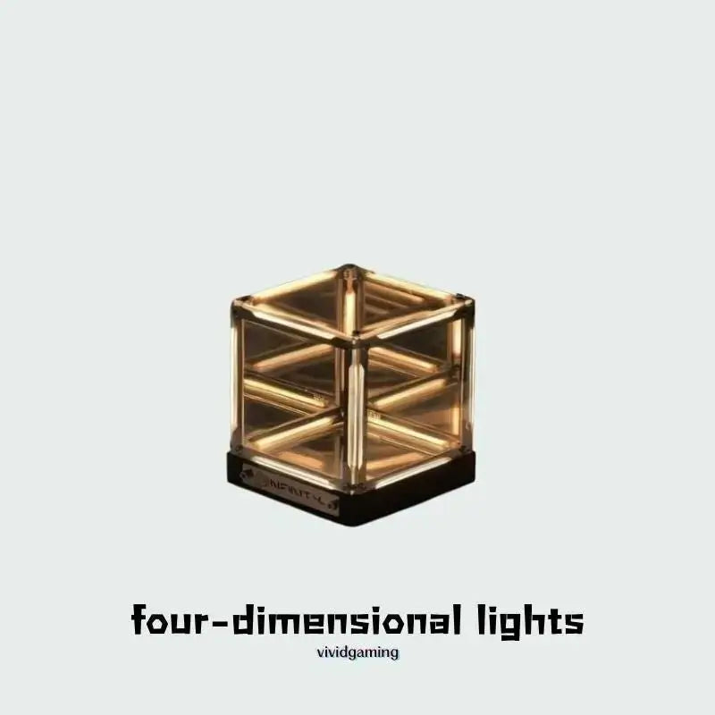 Infinity cube desk lamp with golden glow through mirrored acrylic panels