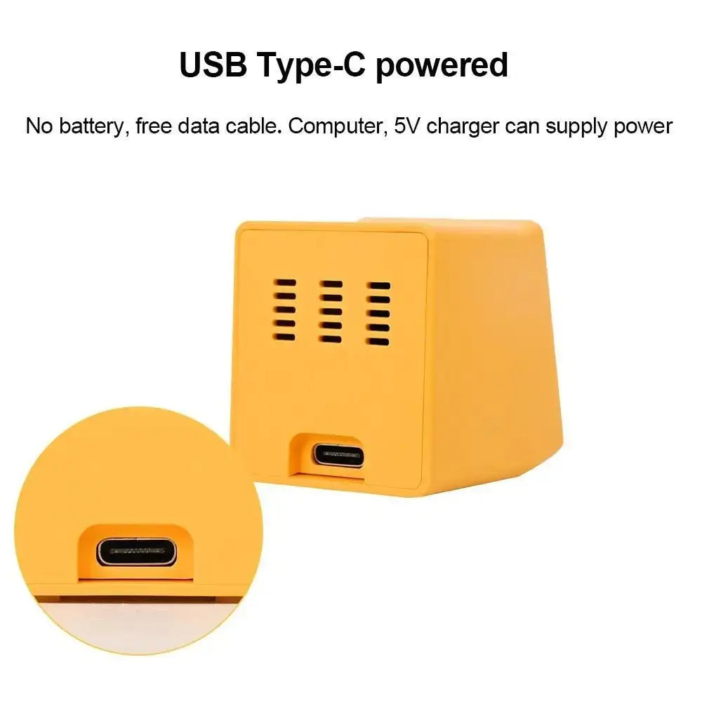 Orange mini weather station with USB Type-C port and digital screen weather indicators