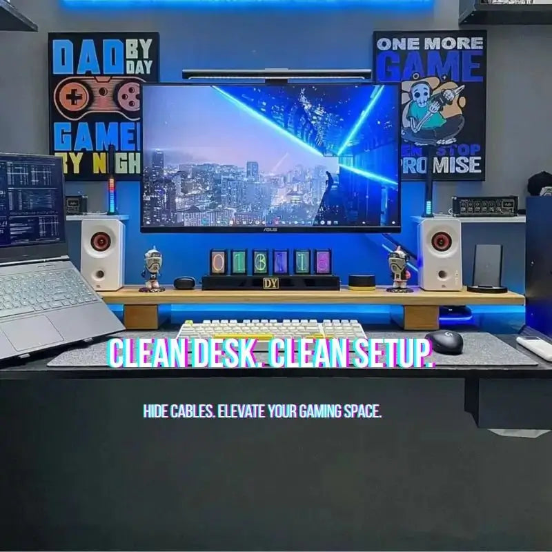 Installed desk cable management cover with ribbed channel under the desktop