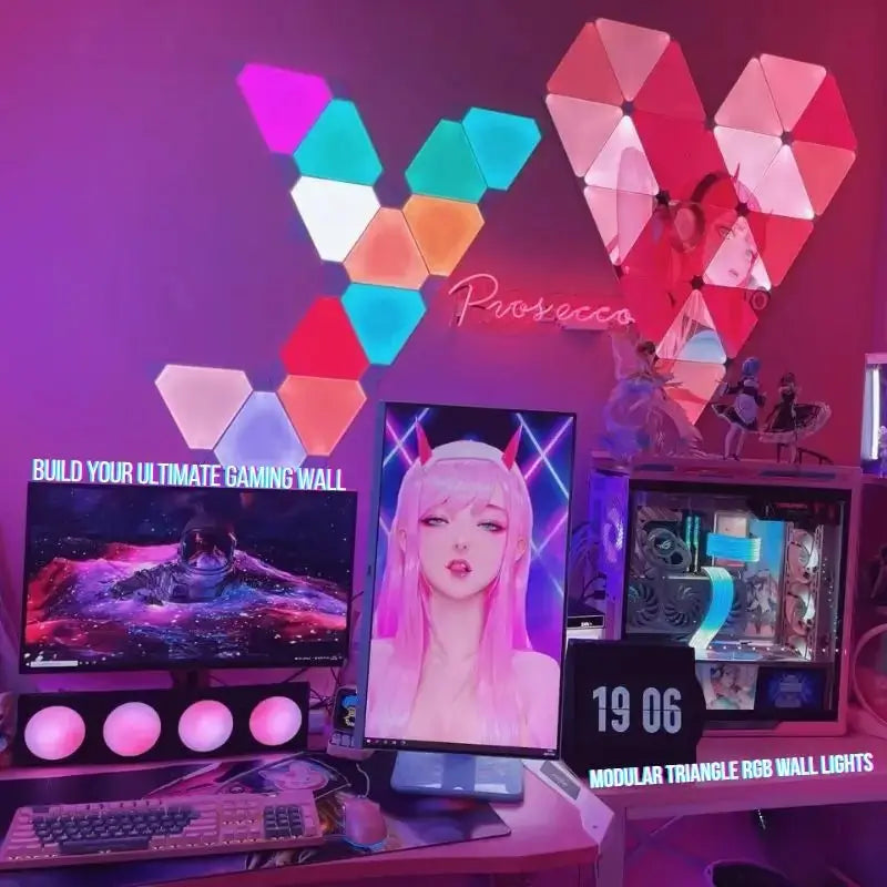 RGB triangle LED wall light panels glowing in pink, red, and blue shapes