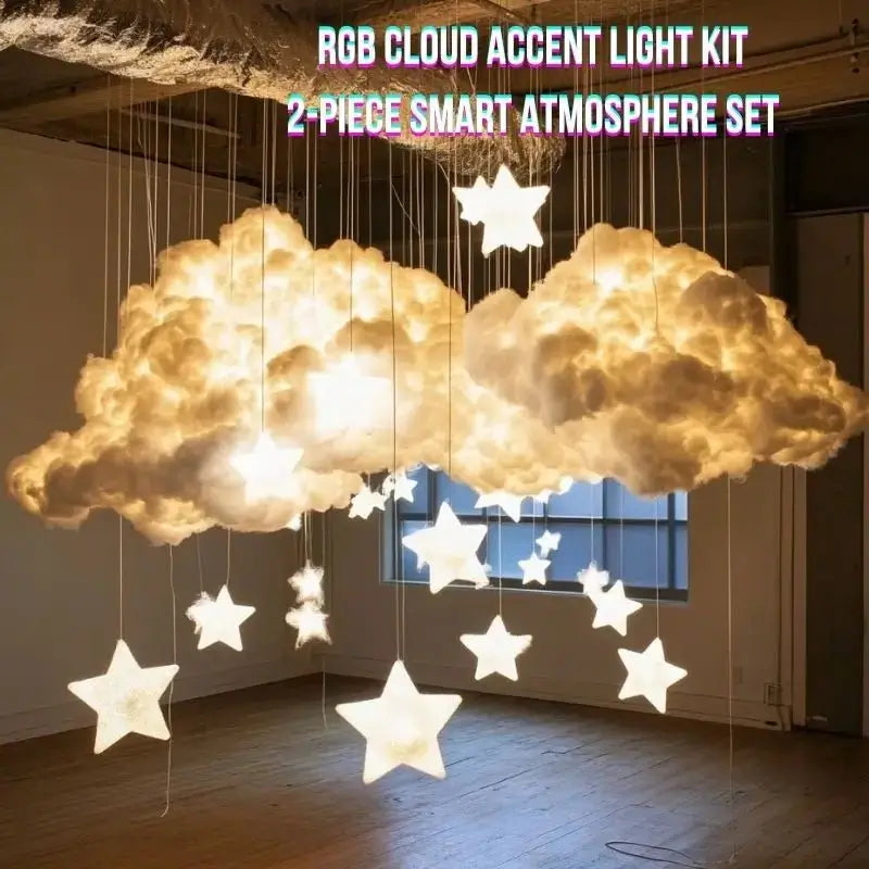 RGB cloud ceiling light with hanging star ornaments and soft glowing cloud