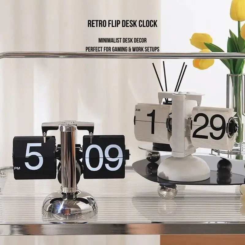 Retro flip desk clock with white body and black flip digits, two-sided display
