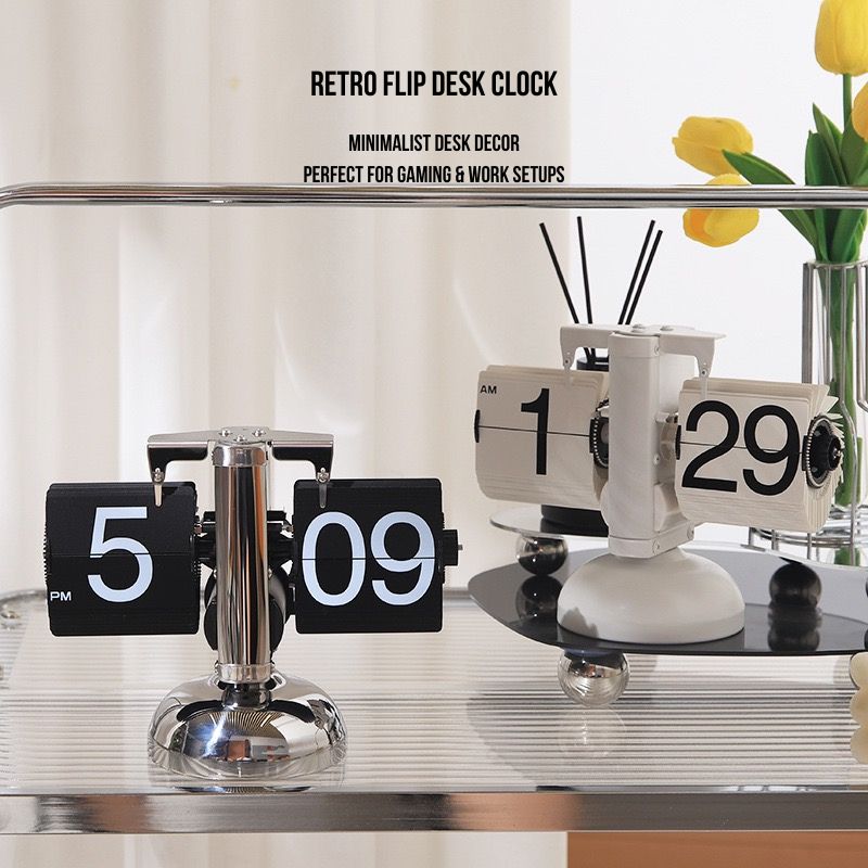 Retro Flip Clock – Minimalist Wooden Base Desk Clock for Gaming Setup