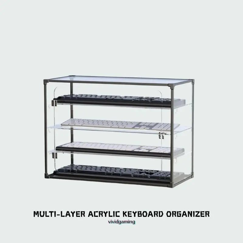 Multi-tier acrylic keyboard display case with black frame and three clear shelves