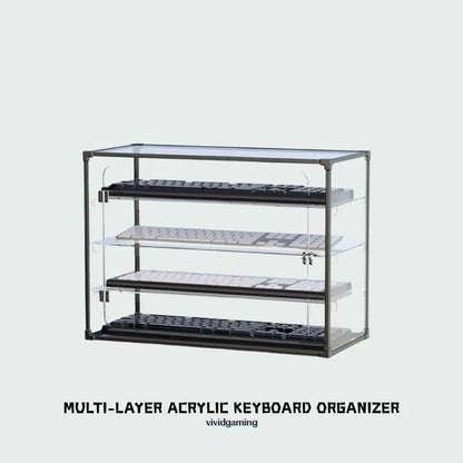Multi-tier acrylic keyboard display case with black frame and three clear shelves