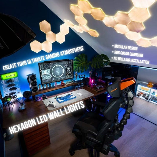 A modern gaming setup features the RGB Hexagon LED Wall Panels – Customizable Gaming Room Lighting. These modular, customizable RGB panels install easily without drilling, adding vibrant lighting and style to any gaming space.