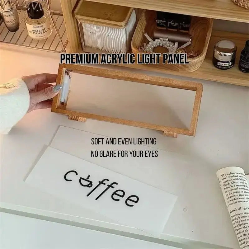 Walnut LED light panel with clear acrylic, coffee logo glowing softly