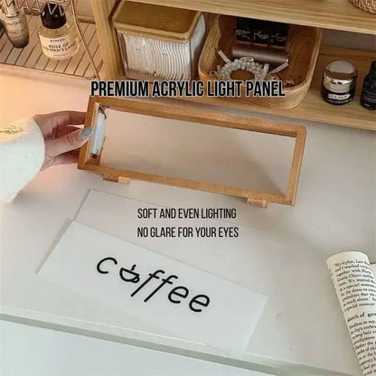 Walnut LED light panel with clear acrylic, coffee logo glowing softly