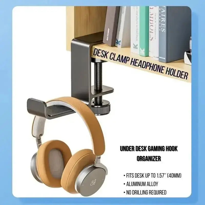 Desk clamp headphone holder with over-ear headphones resting on mesh pad