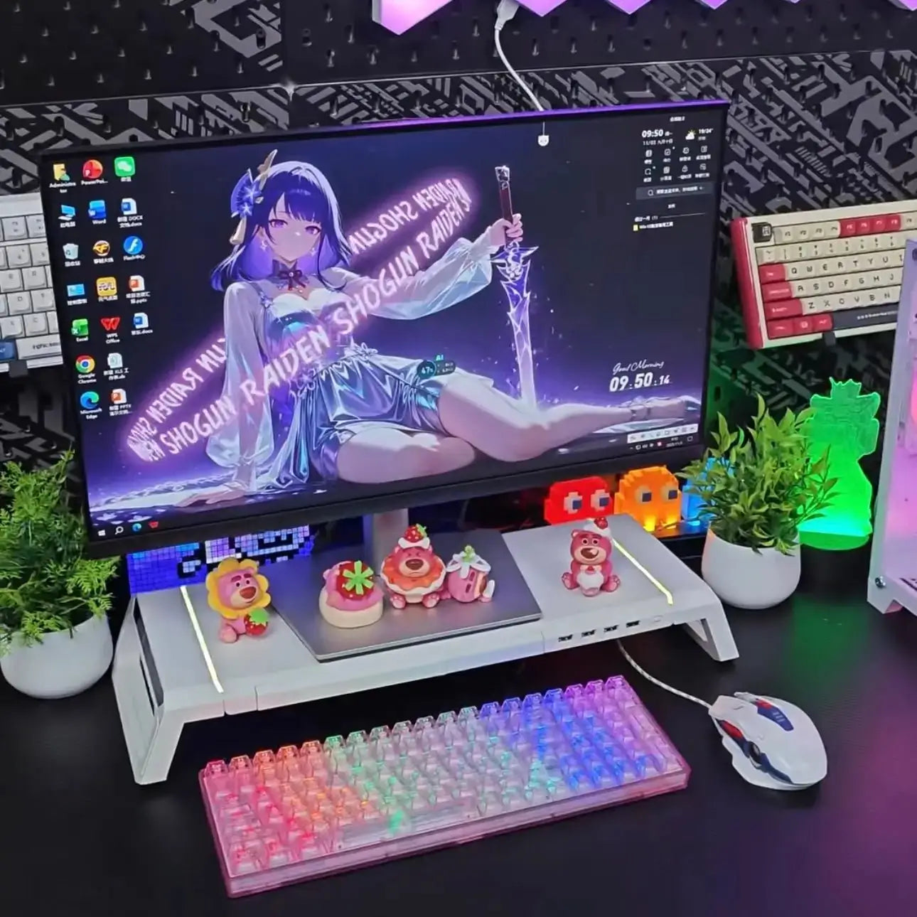 Foldable monitor stand riser with RGB lighting, wide base, and front tray
