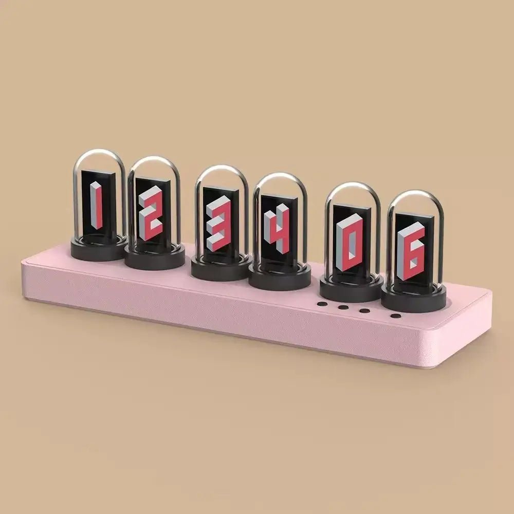 Desk nixie tube clock with 6 glass tubes showing glowing digits on pink base