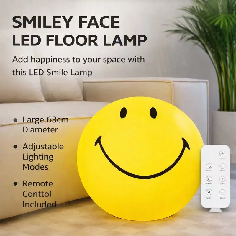 Yellow smiley face LED floor lamp with black facial features and remote control
