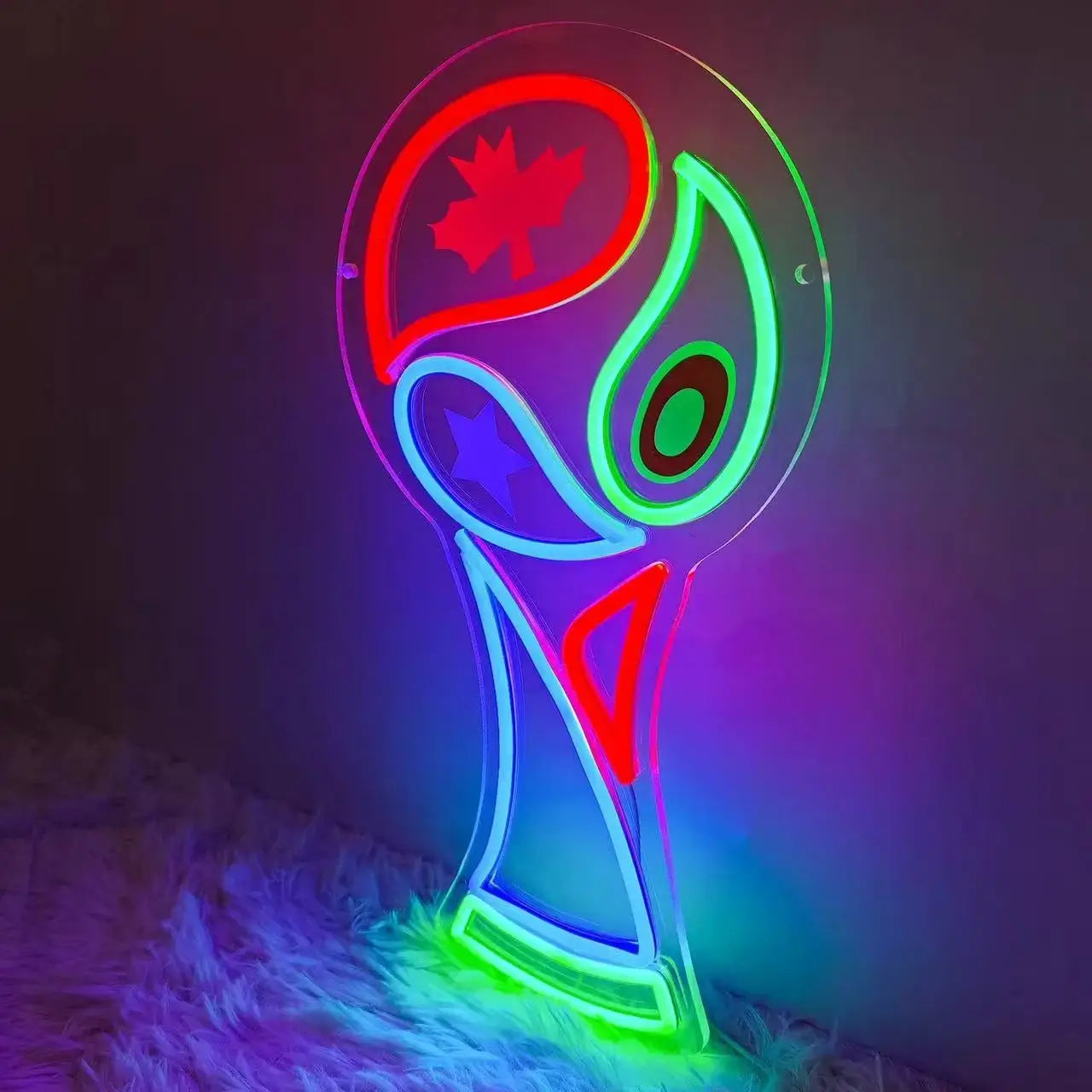 Neon World Cup trophy sign shaped like a soccer cup with red, purple, blue and green