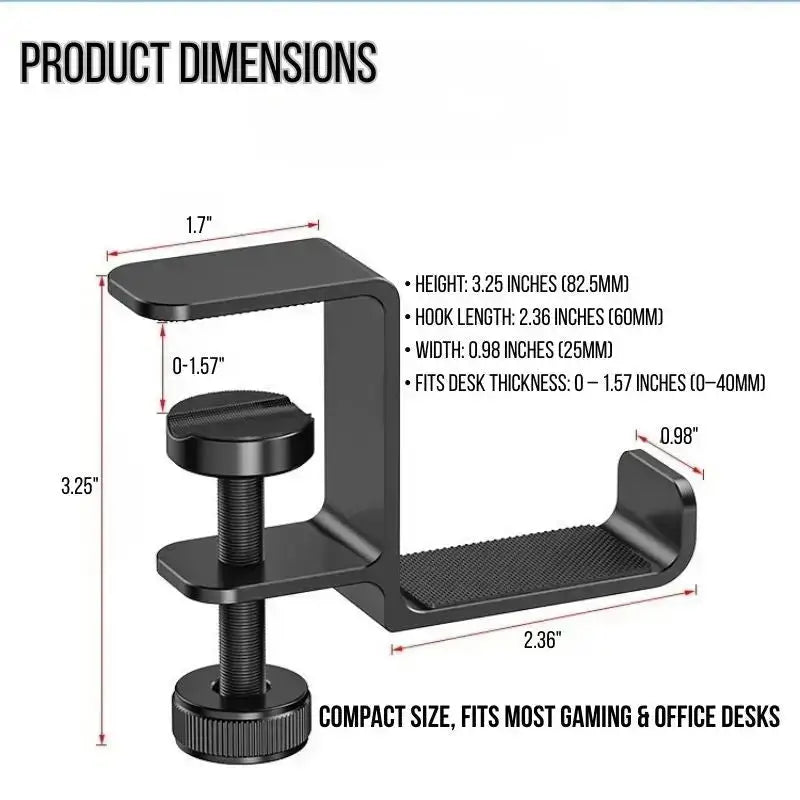 Black desk clamp headphone holder showing hook, mesh rest, and clamp dimensions