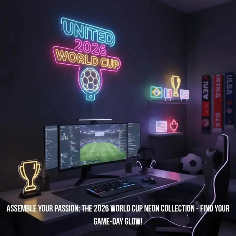 Neon “UNITED 2026 WORLD CUP” sign with soccer ball and multicolor outlines