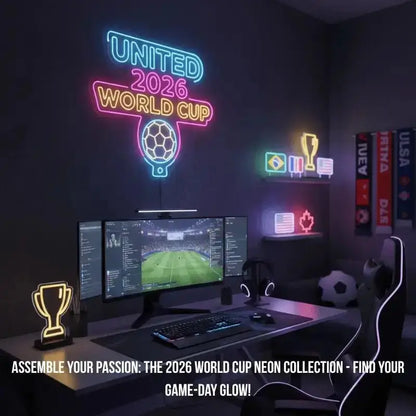Neon “UNITED 2026 WORLD CUP” sign with soccer ball and multicolor outlines