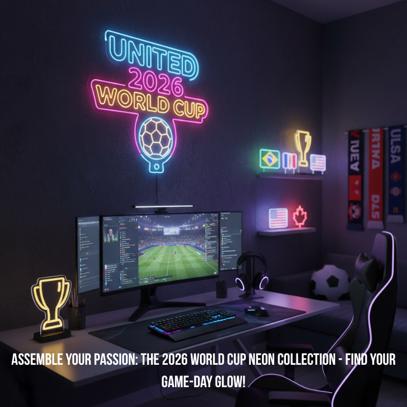 2026 United World Cup Neon Sign – 16" LED Trophy Light with 5-Level Dimmer, 3D Acrylic Soccer Decor for Gaming Room & Fan Cave