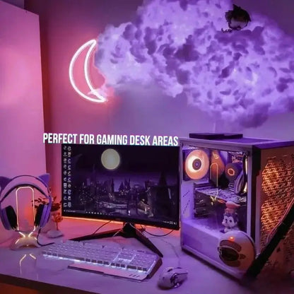 Purple glowing cloud ceiling light with neon crescent moon detail