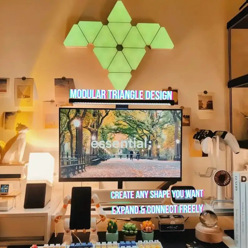 Green modular triangle LED wall light panels arranged in a honeycomb pattern