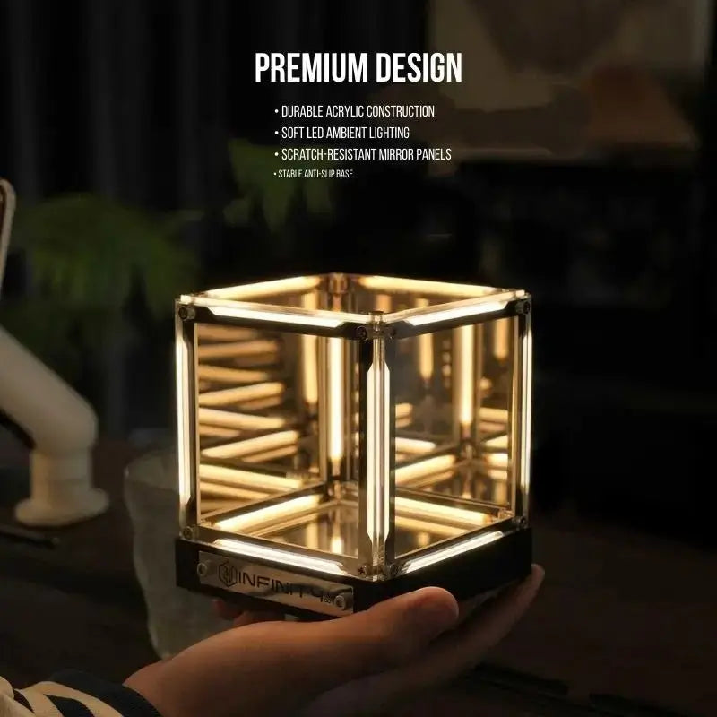 Infinity cube desk lamp with warm golden light in mirrored glass cube