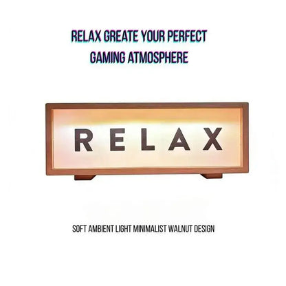Walnut LED light box displaying RELAX with a glowing border frame