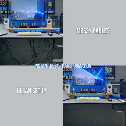 Desk cable management cover installed under tabletop, hiding cords in a ribbed channel