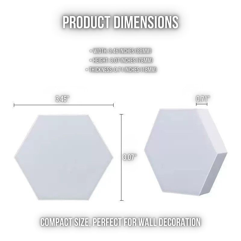 RGB Hexagon LED Wall Panels shown from front and side angles, measuring 3.46" wide, 3.07" tall, and 0.71" thick. Compact size makes them ideal for wall decoration or gaming room lighting setups.