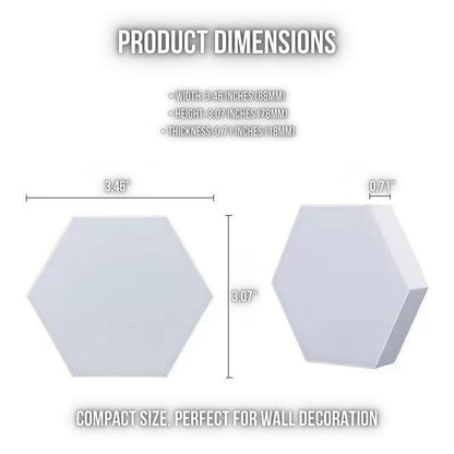 RGB Hexagon LED Wall Panels shown from front and side angles, measuring 3.46" wide, 3.07" tall, and 0.71" thick. Compact size makes them ideal for wall decoration or gaming room lighting setups.