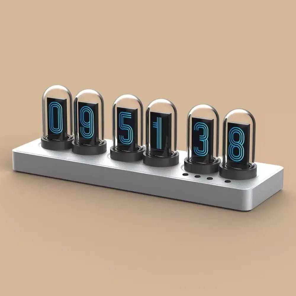 Desk nixie tube clock with 6 glass tubes showing glowing digits on silver base