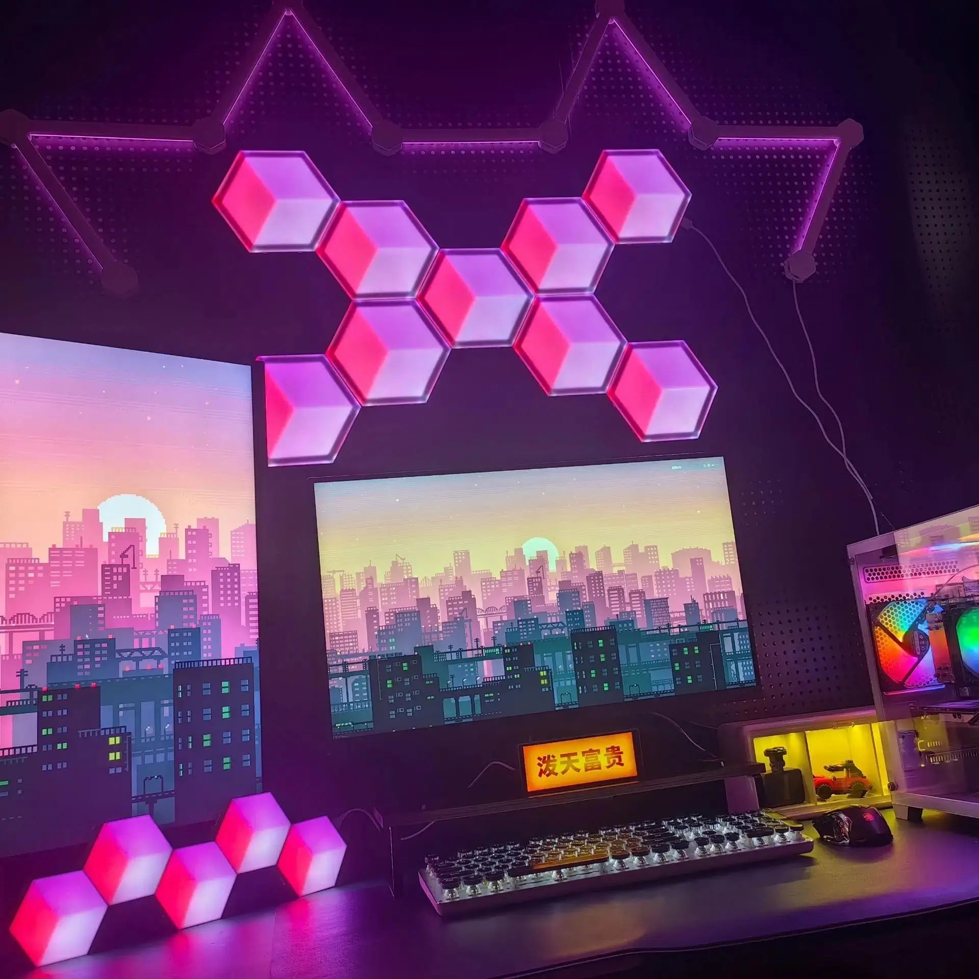 3D LED cube modular light kit with glowing hexagonal cube pieces