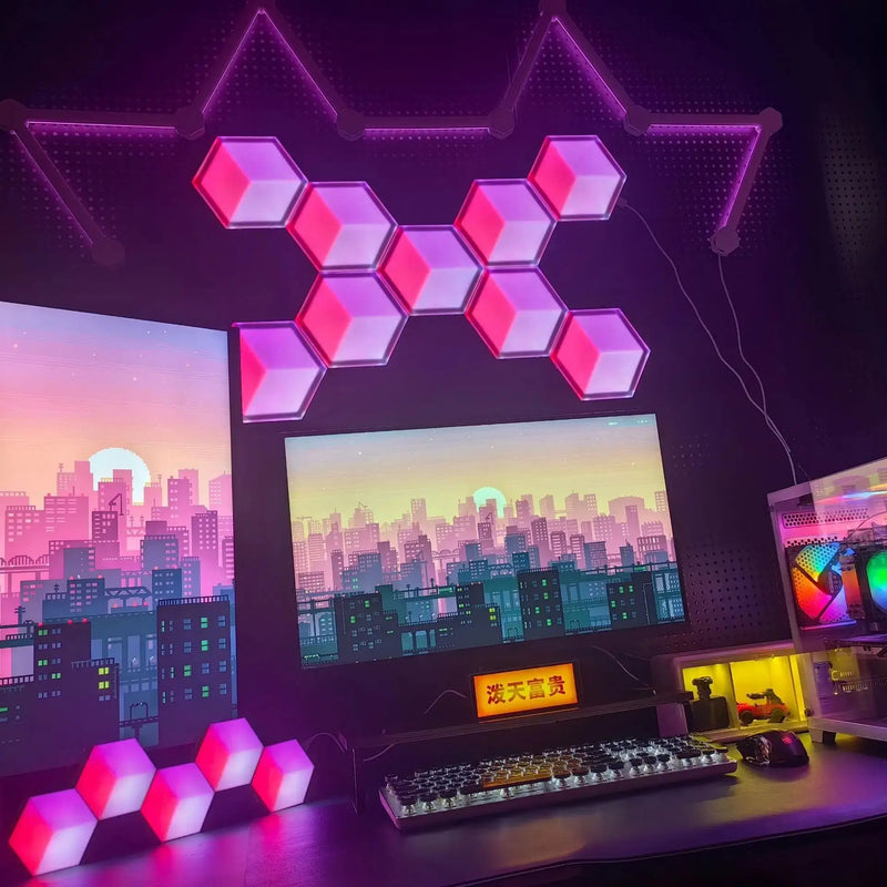 3D LED cube modular light kit with glowing hexagonal cube pieces
