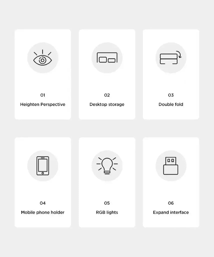 Feature panel icons for foldable monitor stand riser, including double fold and storage