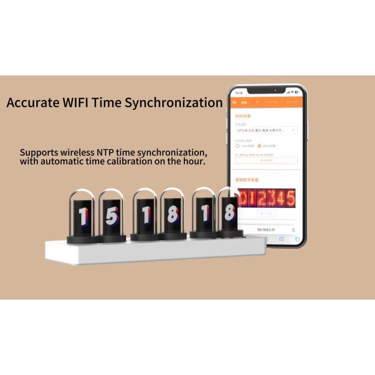 Cyberpunk Nixie Tube WiFi Clock for Gaming Desk – APP Control, NTP Auto Sync, Twist-Lock Glass Cover, Esports Room Decor