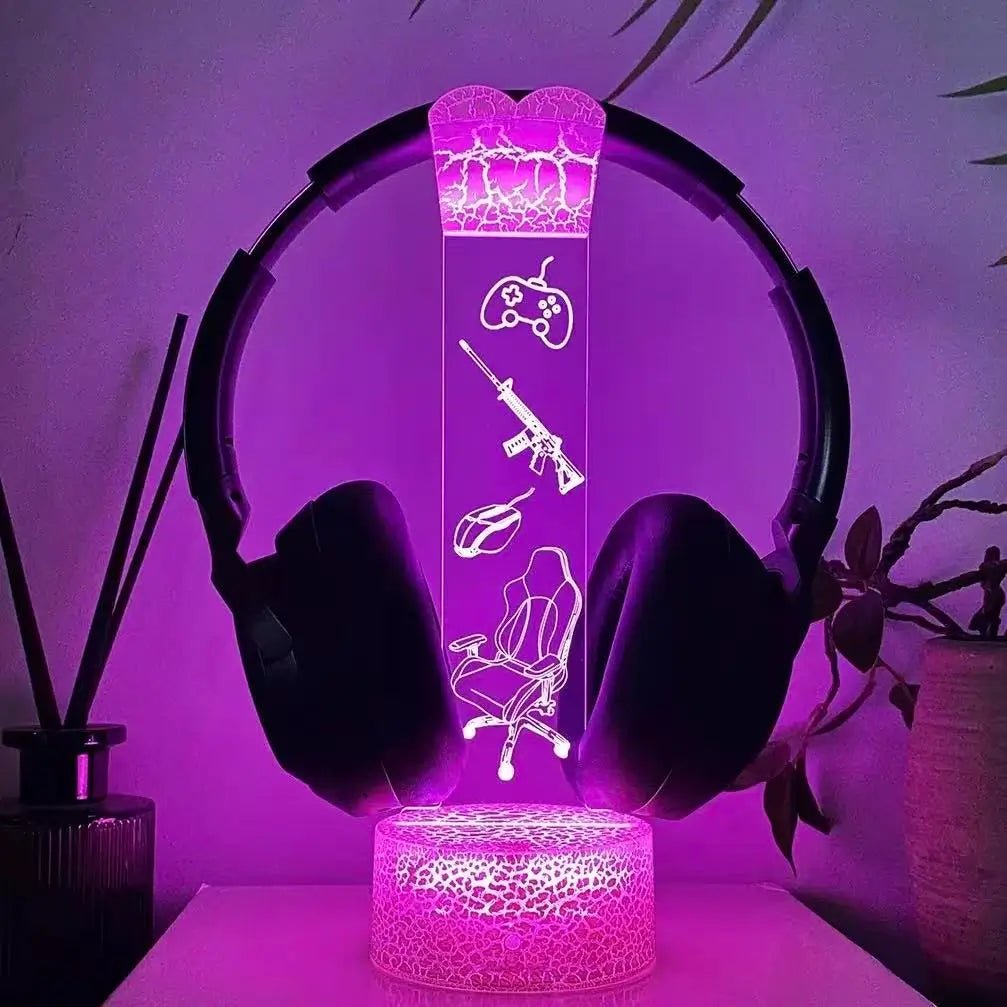 RGB headphone stand with vertical LED panel and round rest; magenta glow on base
